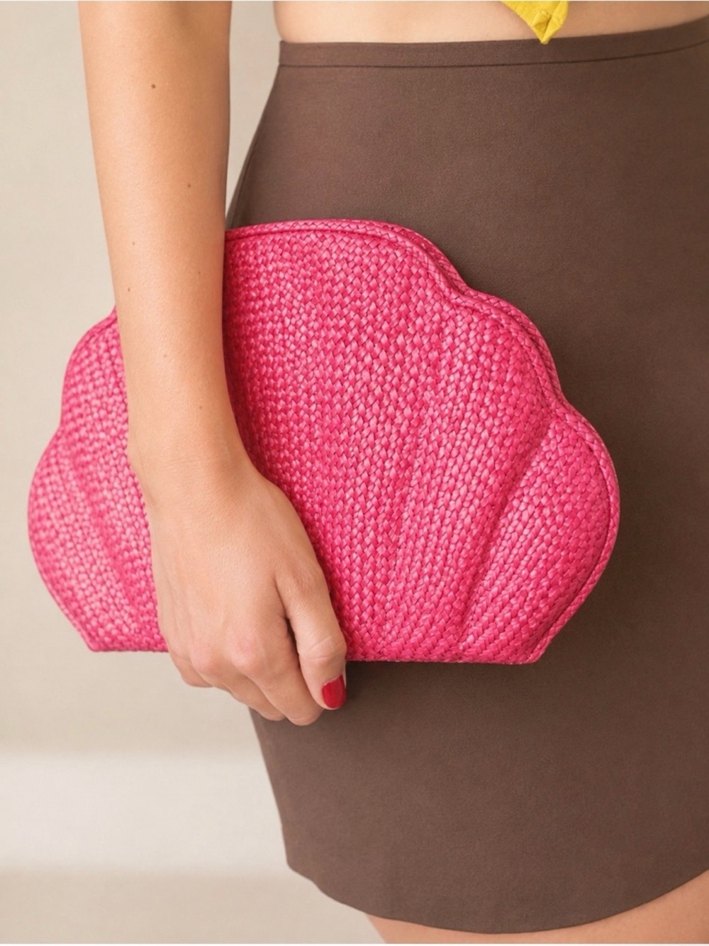 Vintage Hot Pink Clam Shell Fan Straw Envelope Clutch Bag Handbag Purse 60s 70s